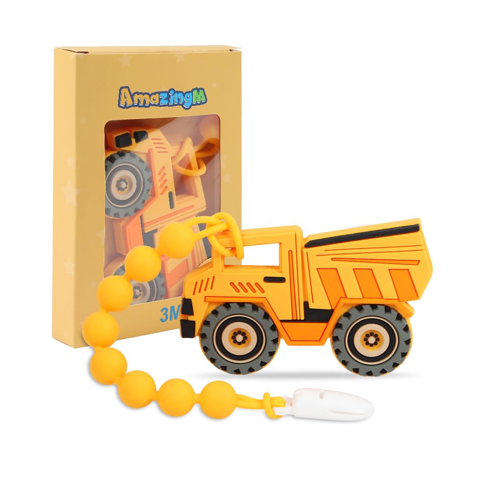 AmazingM dump truck teether in action soothing a baby's gums