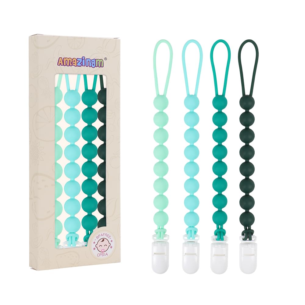 AmazingM green baby teething clip pack front view for safe pacifier attachment.