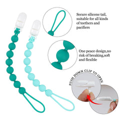 AmazingM green pacifier clip on clothes enables secure carry during outings.
