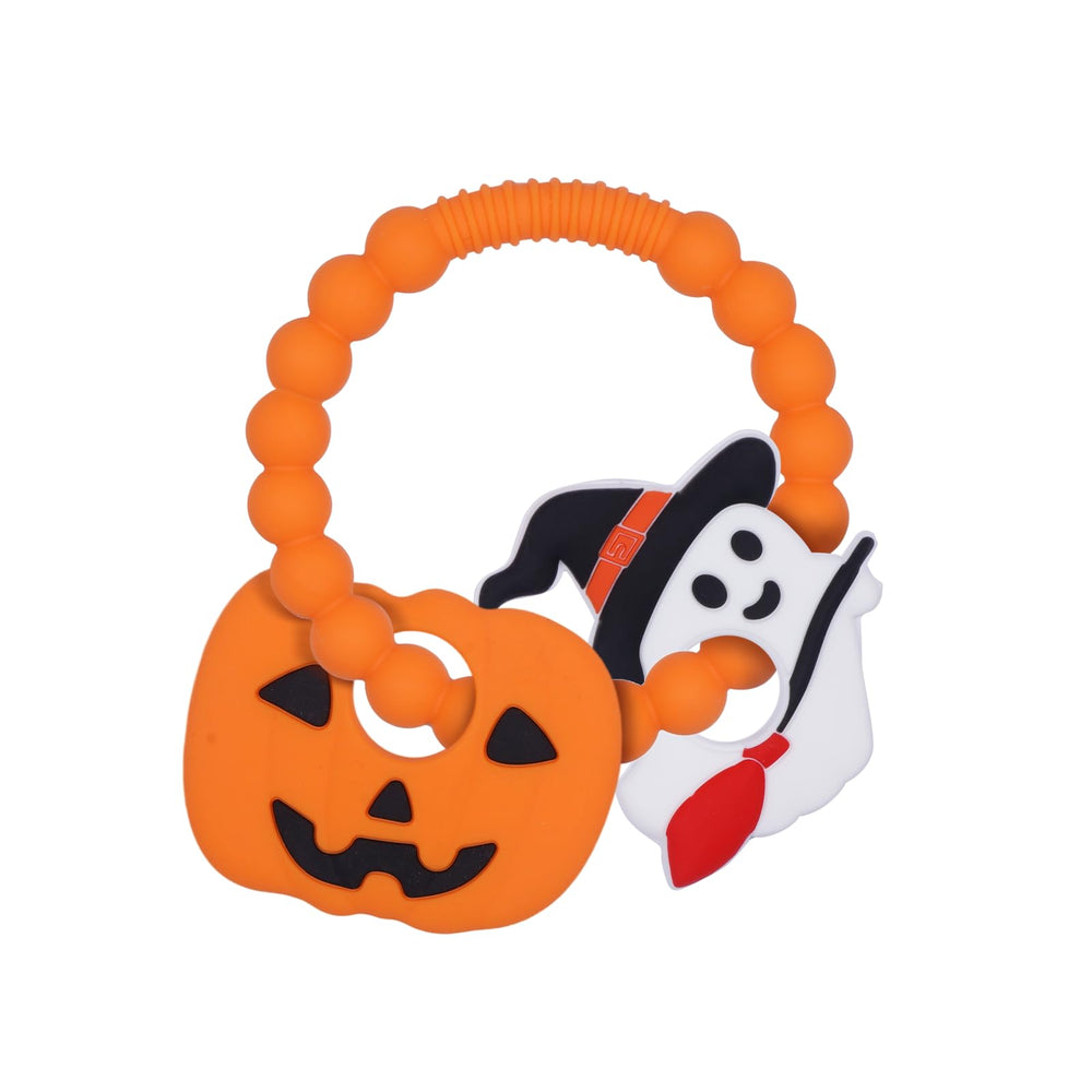 AmazingM pumpkin ghost ring teether with textured surfaces provides soothing gum relief for infants.