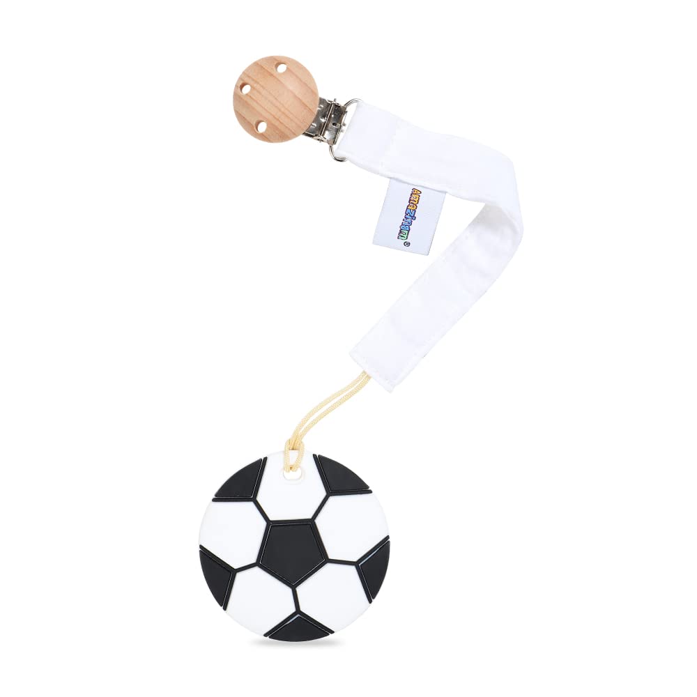 AmazingM soccer teether closeup showing textured silicone surfaces for soothing gums.