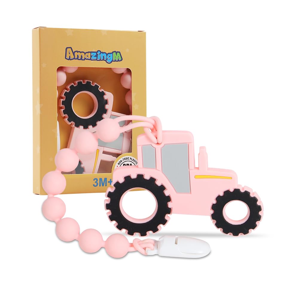 AmazingM tractor truck teether pink offers soothing gum relief for teething babies.