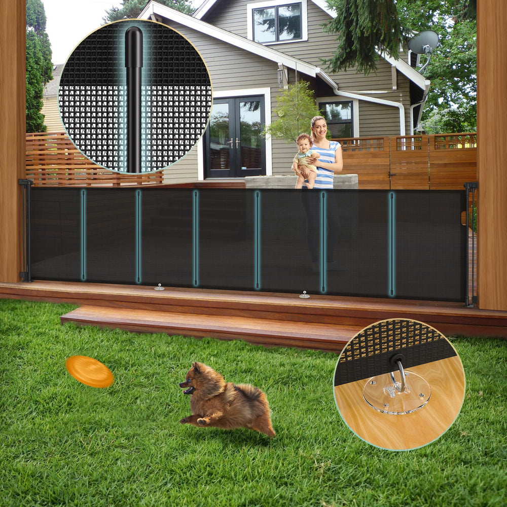 AMAZKRUS 140-inch retractable gate extended across a doorway for a wide opening.