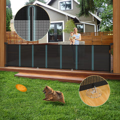 AMAZKRUS 140-inch retractable gate extended across a doorway for a wide opening.