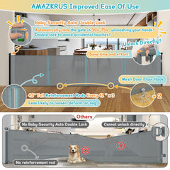 AMAZKRUS retractable gate installed in a doorway with auto-lock feature visible
