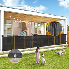 AMAZKRUS retractable gate extended to 150 inches for wide doorways, enabling easy child and pet separation