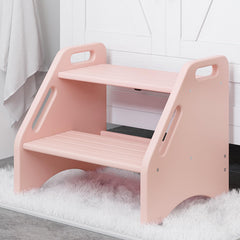 AMBIRD bamboo two-step stool pink front view highlights sturdy design and safety.