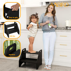 AMBIRD bamboo wooden step stool highlighting natural strength and smooth finish for kitchen and bathroom use