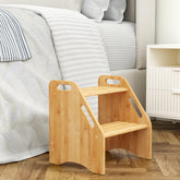 AMBIRD wooden step stool front view shows natural bamboo for everyday reach.