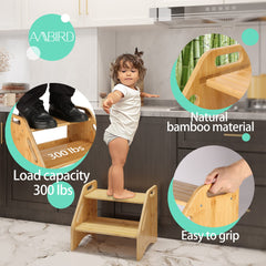 AMBIRD Wooden Step Stool front view demonstrates dual height for growing children