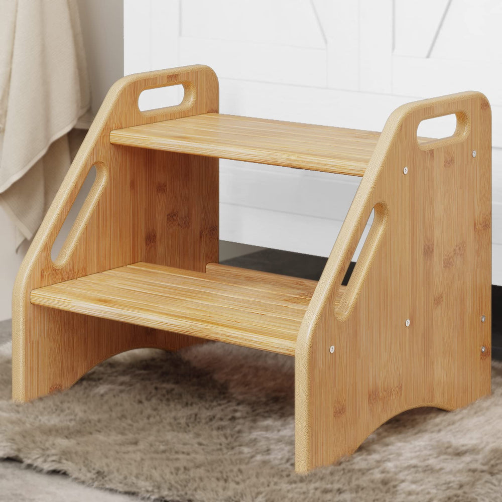 AMBIRD Wooden Step Stool side view shows sturdy bamboo for kids' safety