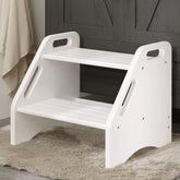AMBIRD wooden two-step stool white front view demonstrates sturdy design for safe bathroom and kitchen use