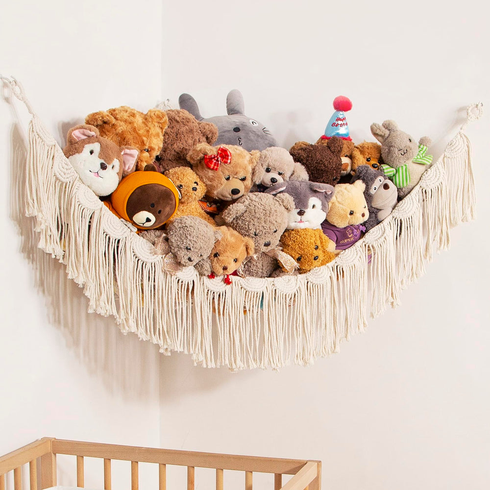 Amdermi stuffed animal net hanging hammock displaying plush storage and space-saving potential