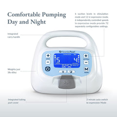 Ameda Pearl pump side view highlighting adjustable suction levels for comfort