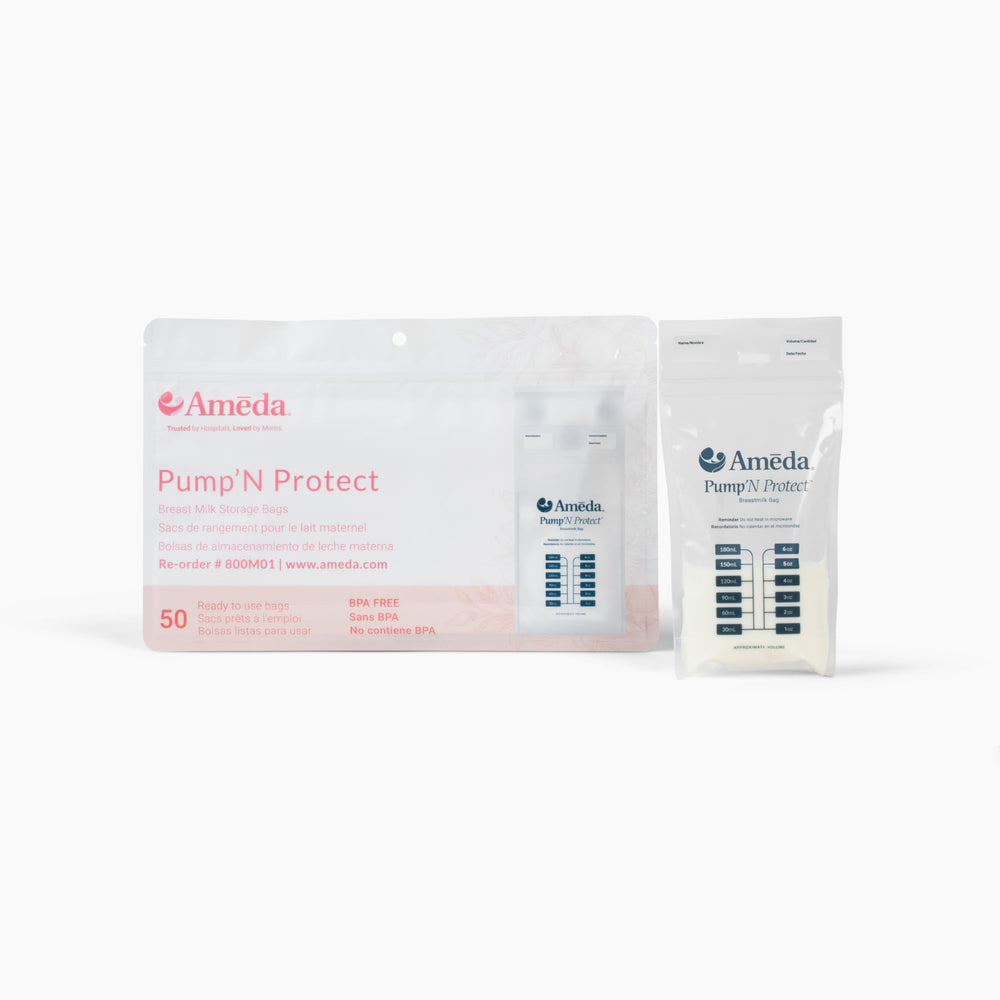 Ameda Pump'N Protect 6oz bag laid flat for space-saving freezer storage.