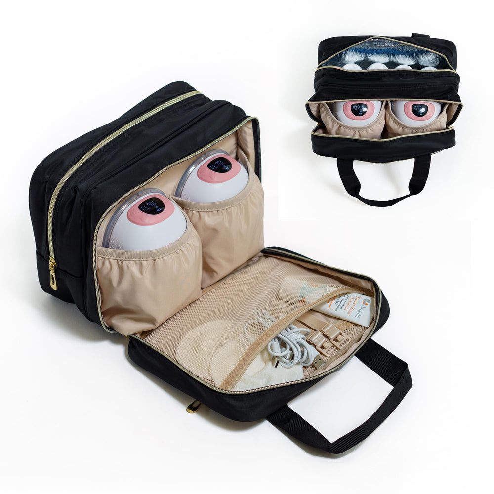 Ameda universal travel bag open-compartment showing quick-access pumping essentials for on-the-go moms.