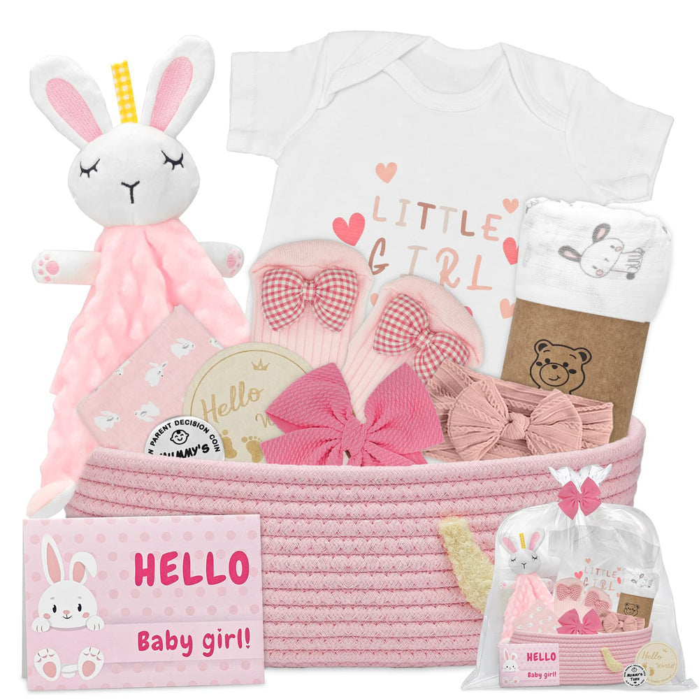 Amgkonp baby girl gift basket front view, perfect newborn gift.
