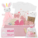 Amgkonp baby girl gift basket front view, perfect newborn gift.