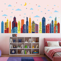 Amimagen city silhouette decals for living room wall to enhance modern home decor.