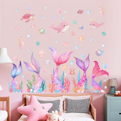 Amimagen Mermaid Tail Wall Stickers fish-turtles scene adds engaging underwater characters for imaginative play.