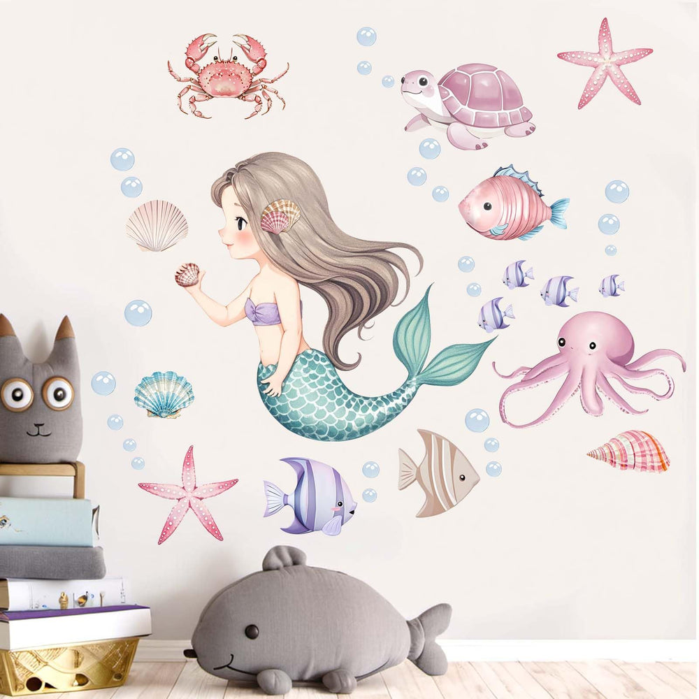 Amimagen mermaid wall stickers in a girls' bedroom, easy peel-and-stick decor.