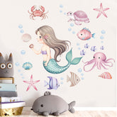 Amimagen mermaid wall stickers in a girls' bedroom, easy peel-and-stick decor.