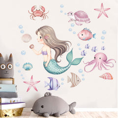 Amimagen mermaid wall stickers in a girls' bedroom, easy peel-and-stick decor.