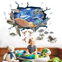 Amimagen sea turtle wall sticker underwater scene enhances kid-friendly bedroom ambiance.