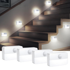 AMIR 4 Pack Mini Motion Sensor Stair Light package demonstrates cordless setup for safer entryways.