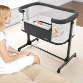 AMKE baby bassinet bedside sleeper front view shows compact design for small spaces