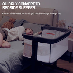 AMKE baby bassinet bedside sleeper side-down demonstrates open access for quick night feeds