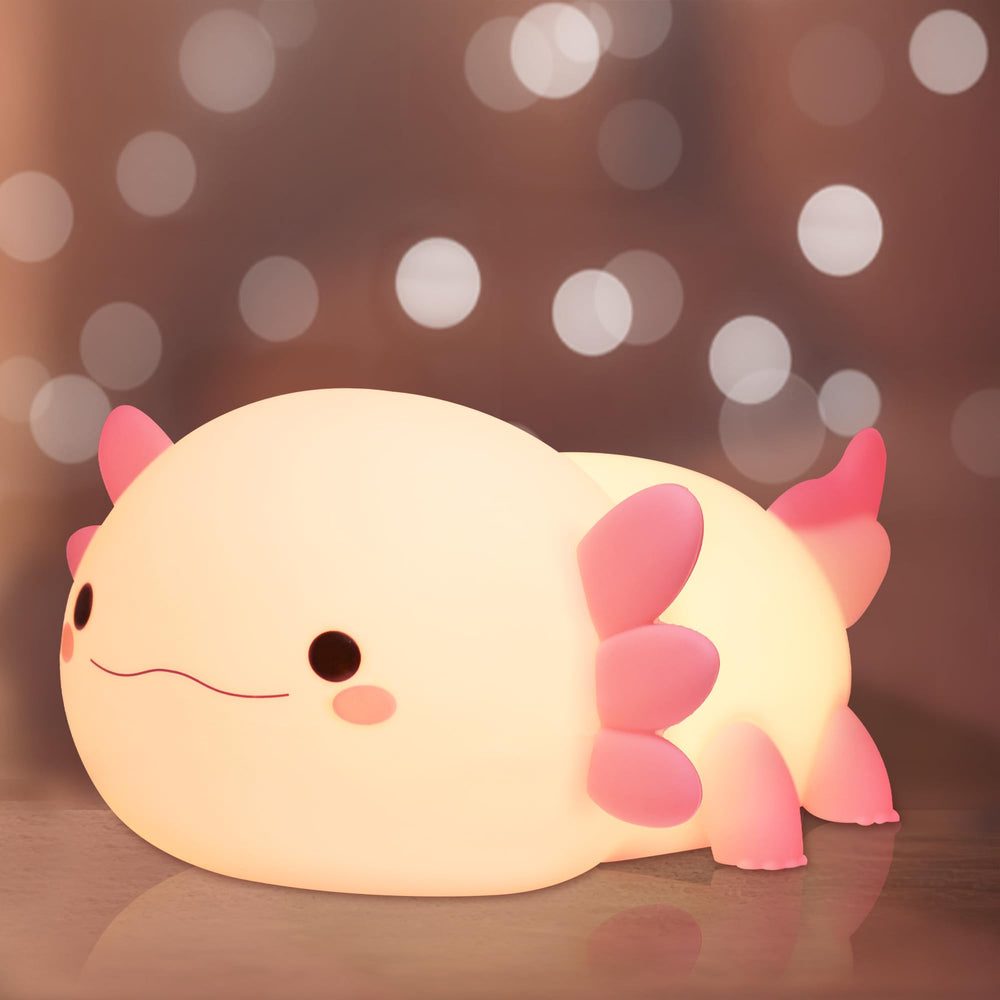 Ammonite axolotl night light front view with kid-friendly soft silicone glow.