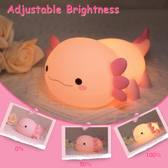 Ammonite axolotl night light on soft glow for bedtime routines.