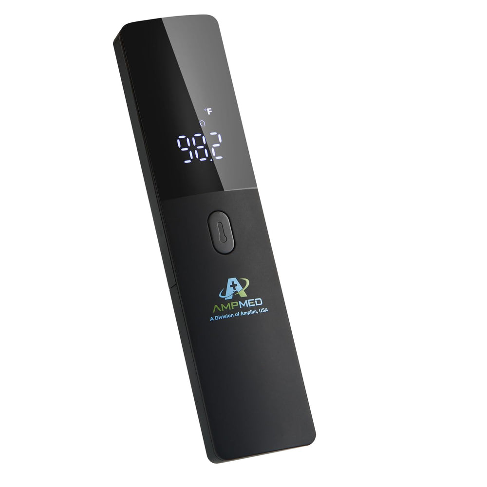 Amplim no-touch forehead thermometer front view for quick, hygienic fever screening at home