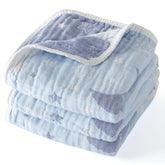Amrcbb Cotton Muslin Blanket flatlay shows soft six-layer cotton for gentle newborn comfort