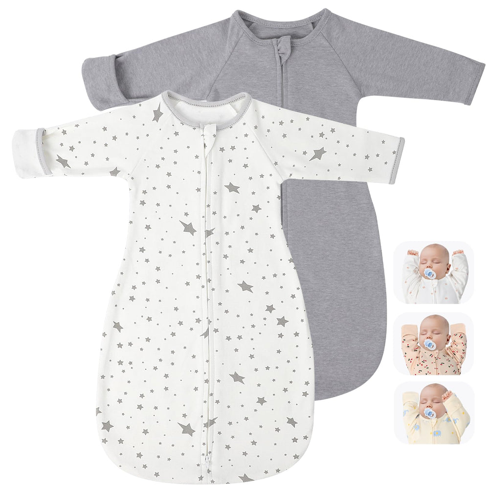 Amrcbb transitional swaddle arm-up sleeves shows secure newborn sleep