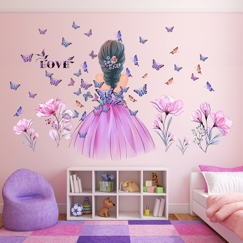 Amtoodopin butterfly girl wall sticker – pink butterflies, easy to apply on smooth walls