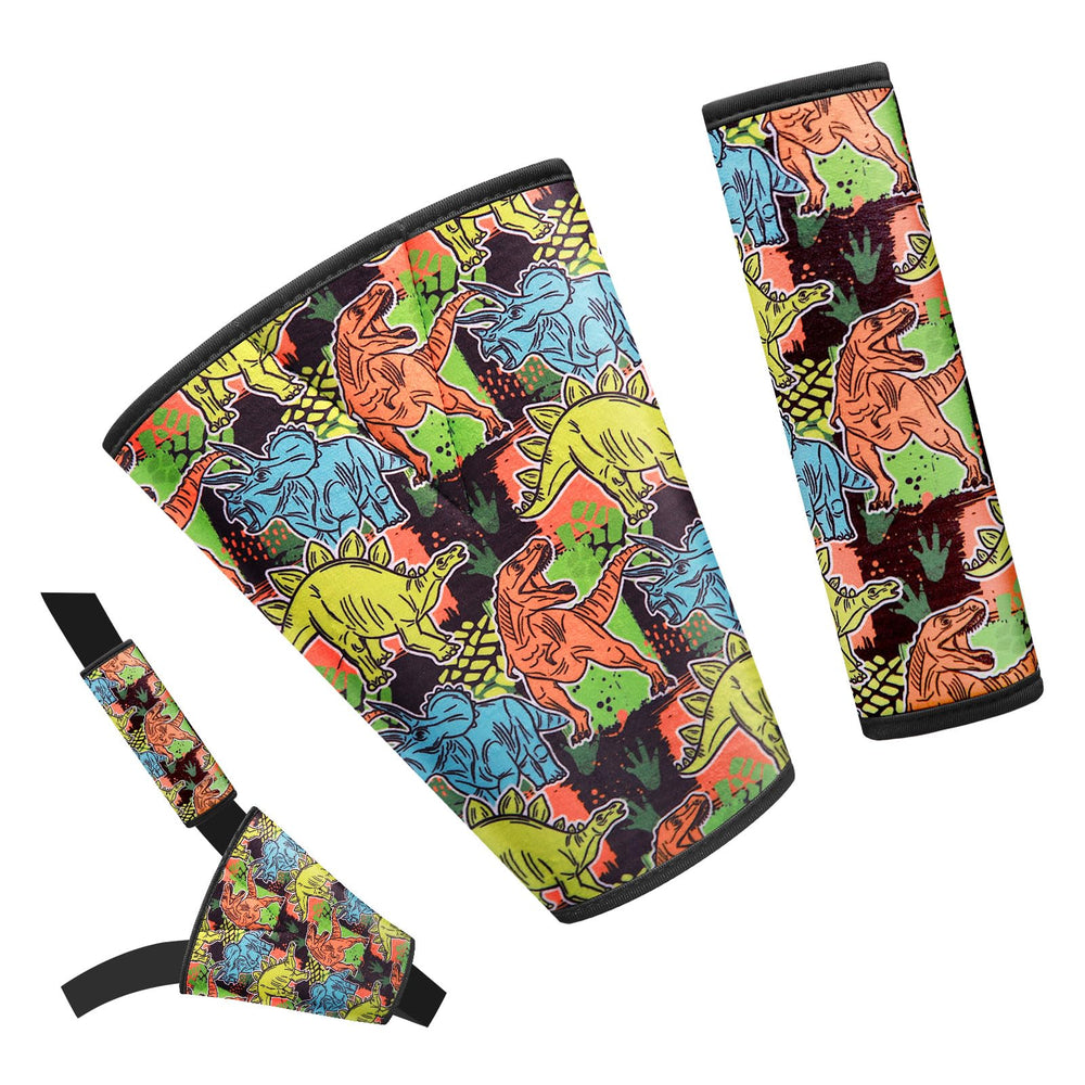 AMUSEPROFI super-soft car seat straps pad with dinosaurs pattern enhances kid comfort on trips.