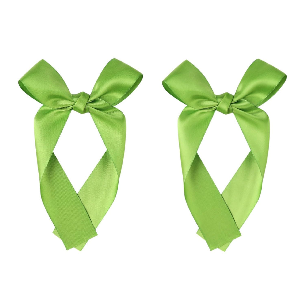 Amybasic 2-pack long satin ribbon bows, green, close-up, gentle on hair.
