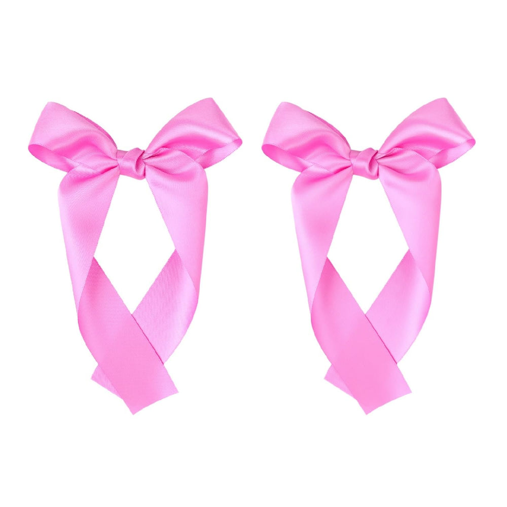 Amybasic hot pink satin bow closeup showing glossy finish for everyday wear.