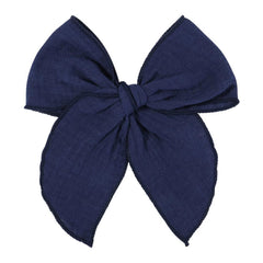 AMYDECOR navy blue Fable bow close-up showing soft linen cotton texture for gentle wear.
