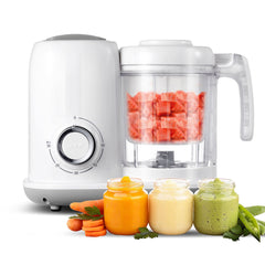 AMZBABYCHEF 4-in-1 baby food maker demonstrates steaming and blending for fresh meals.