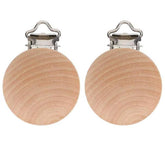 Anemeeoke beech wood pacifier suspender clip close-up highlights wood grain and secure attachment.
