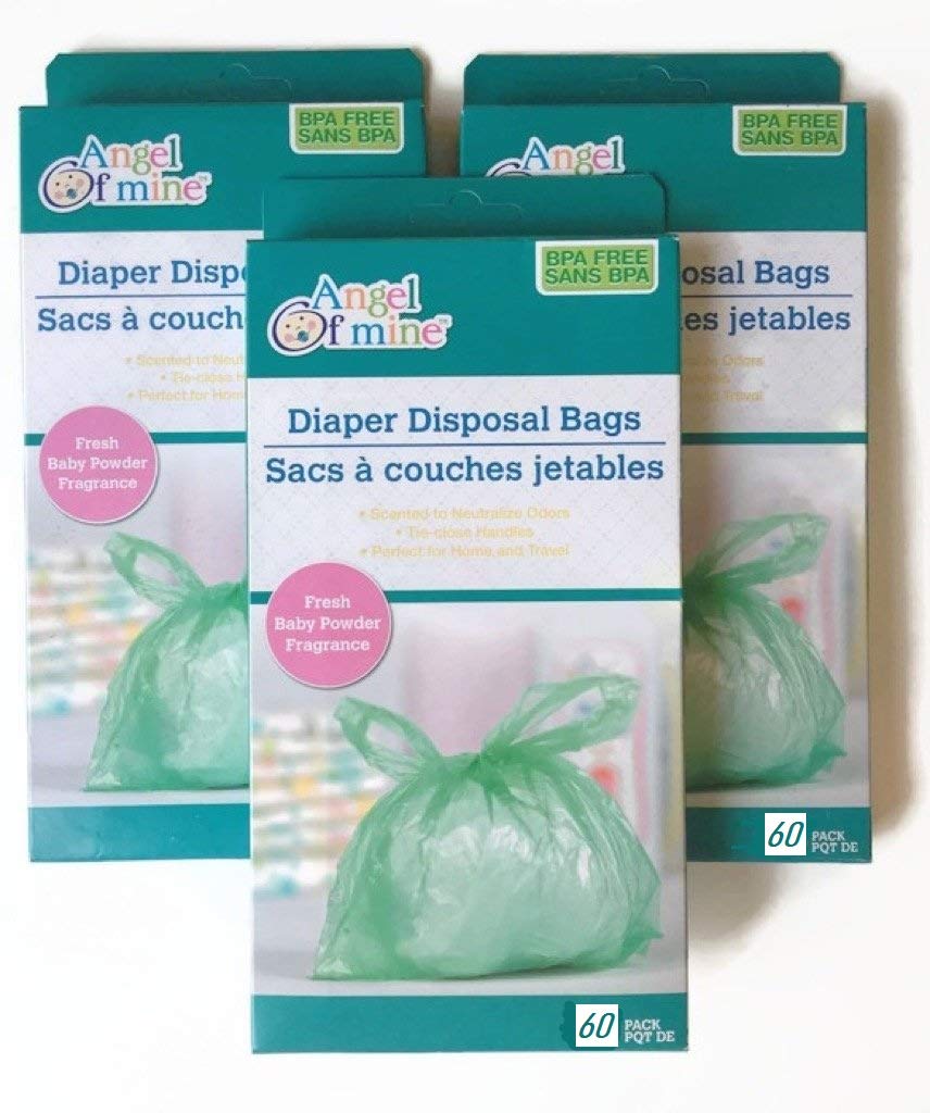 Angel of Mine diaper disposal bags closeup highlighting durable plastic for easy diaper disposal.