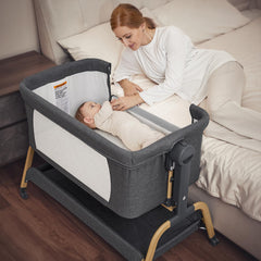ANGELBLISS 3 in 1 bassinet bedside attachment demonstrates easy near-bed care for parents.