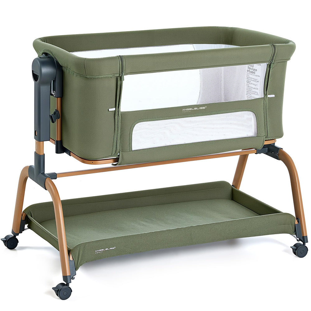 ANGELBLISS 3 in 1 Bassinet Green, fully assembled beside the bed for easy night-time access.