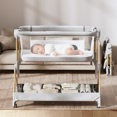 ANGELBLISS Baby Bassinet showing one-click fold for quick setup and travel readiness.