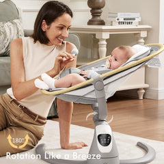 Angelbliss baby swing demonstrates 180° rotation for versatile soothing.