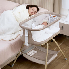 AngelBLISS bedside crib closeup shows easy reach and soothing night care.