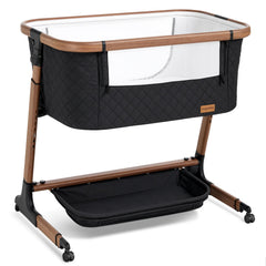 Angelbliss electric smart baby bassinet bedside setup demonstrates secure bed connection for restful nights.